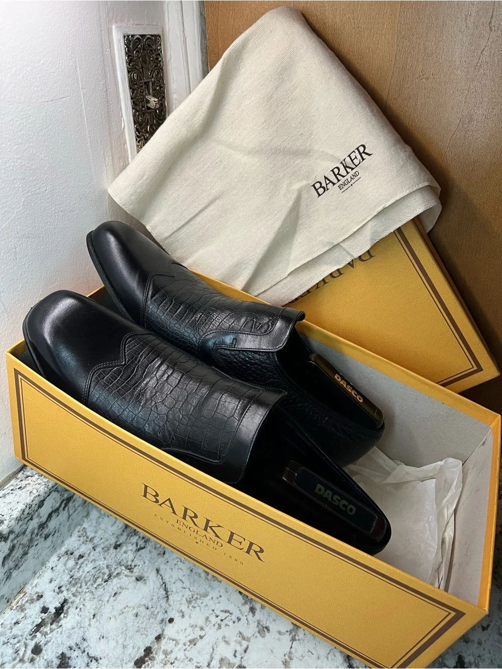 BARKER RIVOLI Black Croc-Embossed Leather Slip-On Loafers